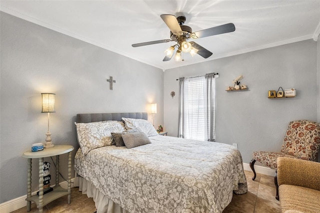 tiled bedroom with crown molding and ceiling fan