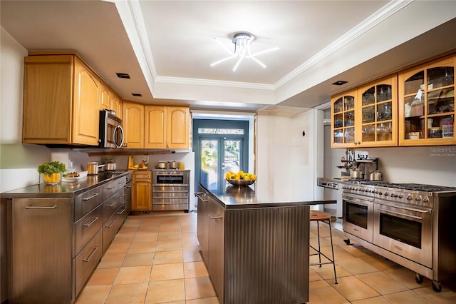 kitchen with a kitchen breakfast bar, stainless steel appliances, a tray ceiling, light tile patterned floors, and a kitchen island