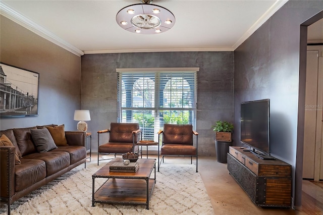 living room featuring crown molding