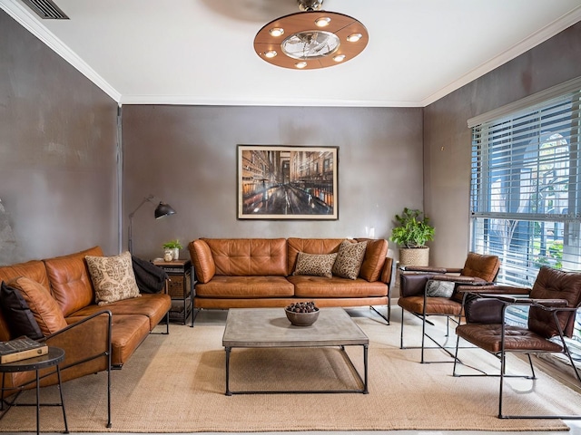 living room with crown molding