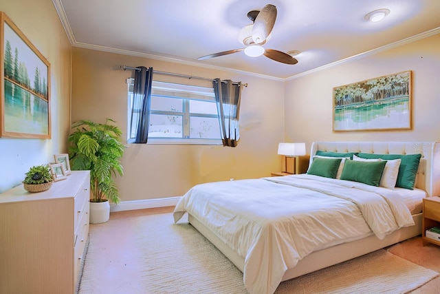 bedroom with light carpet, ceiling fan, and ornamental molding