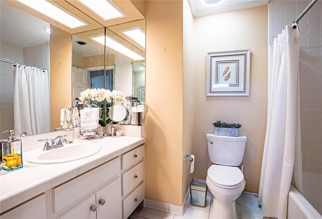 full bathroom featuring tile patterned flooring, vanity, toilet, and shower / bathtub combination with curtain