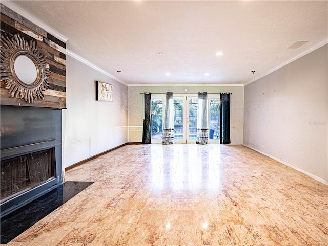 unfurnished living room with french doors and ornamental molding