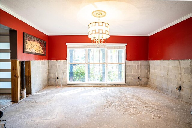 unfurnished room with a textured ceiling, tile walls, and ornamental molding