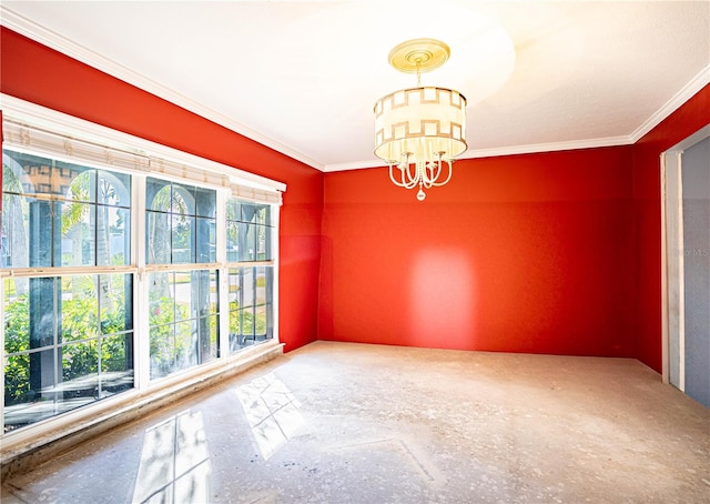 spare room with crown molding and a chandelier