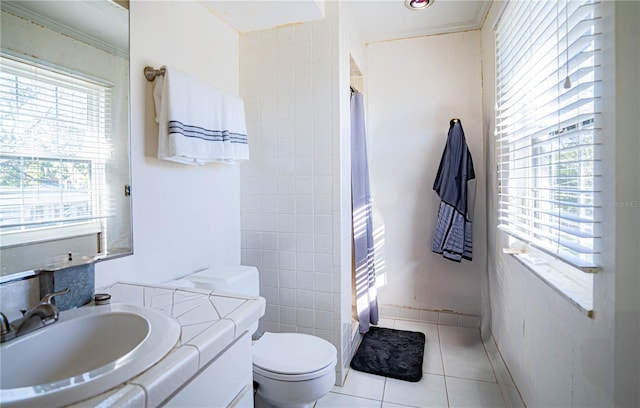 full bathroom with vanity, tile patterned flooring, shower / bathtub combination with curtain, and toilet