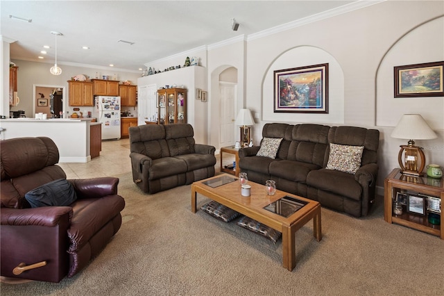 living room with crown molding and light tile patterned floors