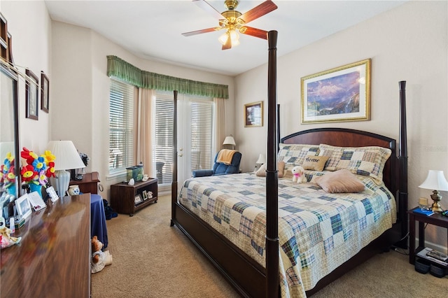 bedroom featuring light colored carpet and ceiling fan