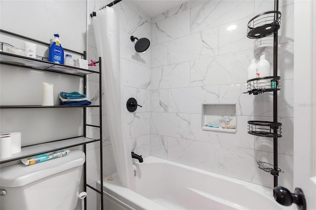 bathroom with toilet and shower / tub combo with curtain