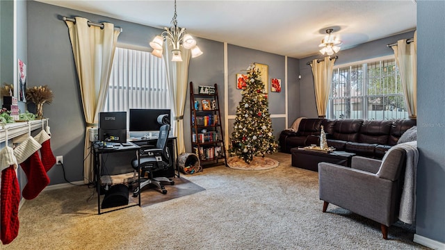 office space with a chandelier and carpet