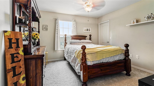 bedroom with light colored carpet and ceiling fan