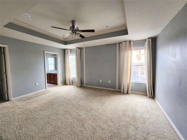 unfurnished room with light carpet, crown molding, and a raised ceiling