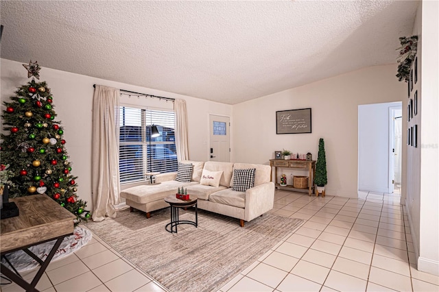 tiled living room featuring a textured ceiling and vaulted ceiling