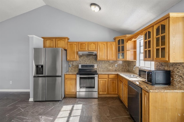 kitchen featuring backsplash, high vaulted ceiling, sink, light stone countertops, and appliances with stainless steel finishes