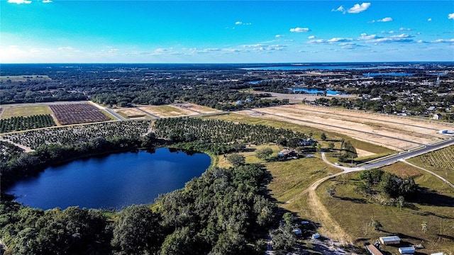 birds eye view of property with a water view and a rural view