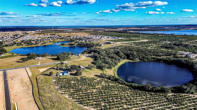 drone / aerial view with a rural view and a water view