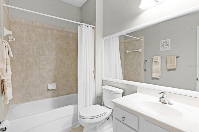 full bathroom with toilet, shower / tub combo, tile patterned floors, and vanity