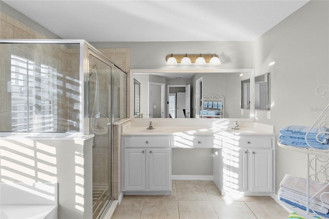 bathroom with a shower stall, vanity, and tile patterned floors