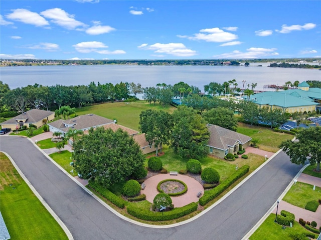 drone / aerial view with a water view