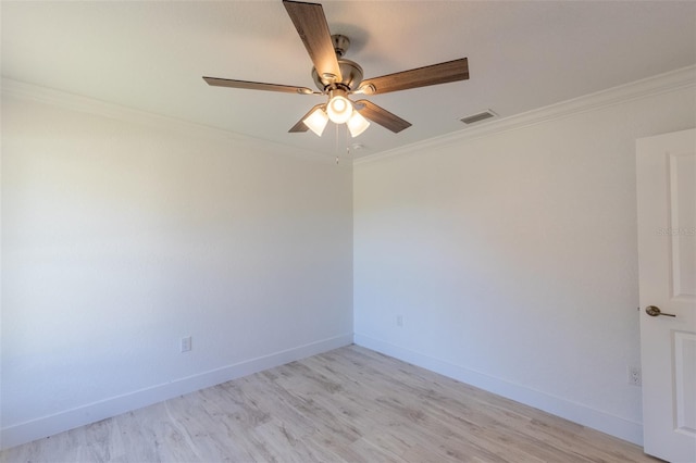 unfurnished room with crown molding, ceiling fan, and light wood-type flooring