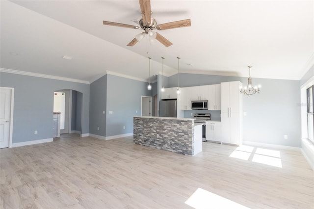 unfurnished living room with crown molding, light hardwood / wood-style flooring, ceiling fan with notable chandelier, and lofted ceiling