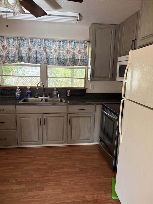 kitchen with dark hardwood / wood-style floors, ceiling fan, sink, and appliances with stainless steel finishes