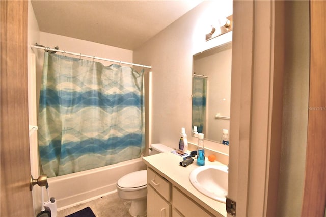 full bathroom featuring tile patterned flooring, vanity, toilet, and shower / bathtub combination with curtain