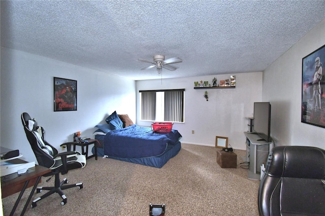 bedroom with carpet flooring, ceiling fan, and a textured ceiling