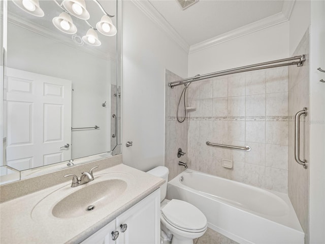 full bathroom with toilet, vanity, tiled shower / bath combo, and crown molding