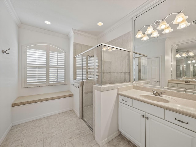 bathroom with walk in shower, tile patterned floors, vanity, and ornamental molding