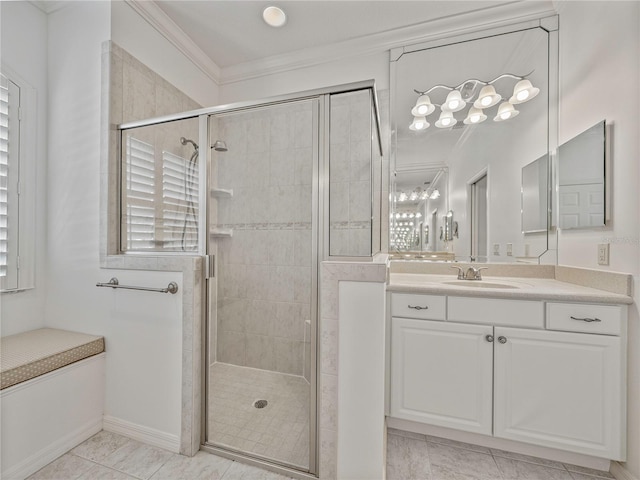 bathroom featuring plenty of natural light, an enclosed shower, and ornamental molding