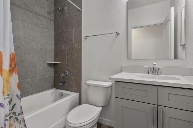 full bathroom with vanity, toilet, and shower / bathtub combination with curtain