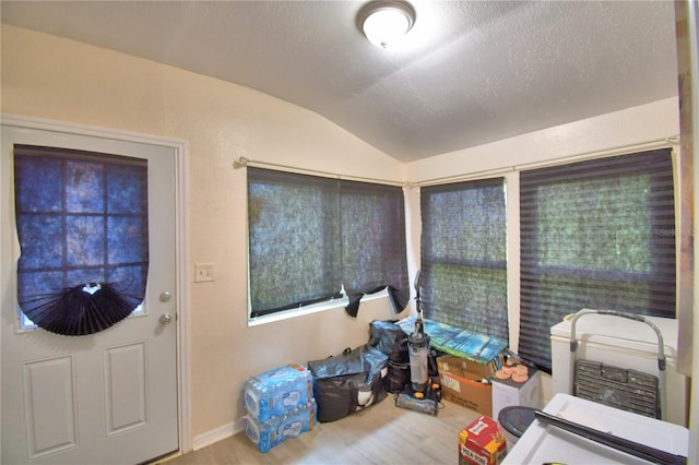 entryway with wood-type flooring and vaulted ceiling