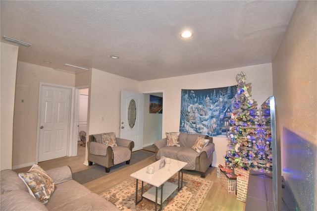 living room featuring light hardwood / wood-style floors and a textured ceiling