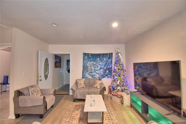 living room with a textured ceiling and light hardwood / wood-style floors