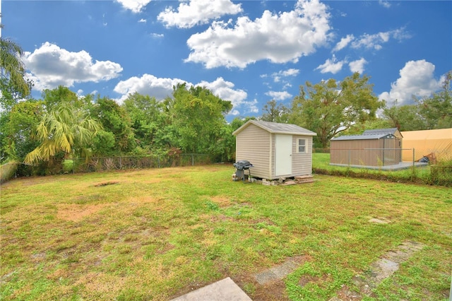 view of yard featuring a storage shed