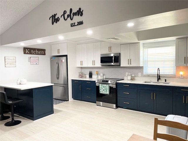 kitchen with sink, light hardwood / wood-style flooring, decorative backsplash, appliances with stainless steel finishes, and white cabinetry