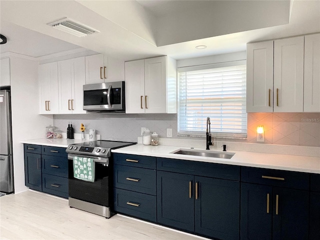 kitchen featuring sink, decorative backsplash, appliances with stainless steel finishes, light hardwood / wood-style floors, and white cabinetry