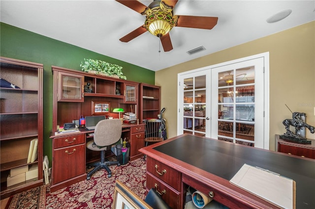 office space featuring french doors and ceiling fan