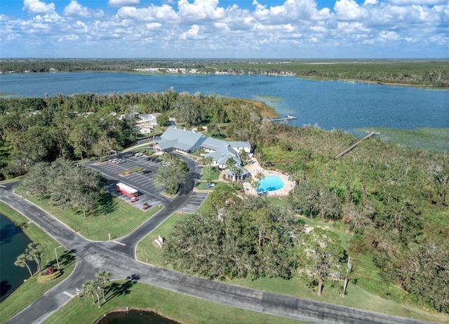 birds eye view of property featuring a water view