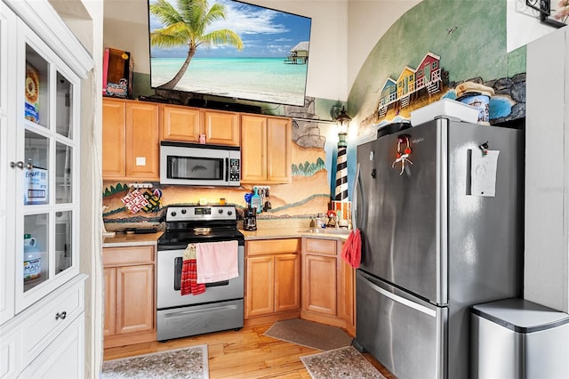 kitchen featuring tasteful backsplash, sink, light wood-type flooring, and appliances with stainless steel finishes