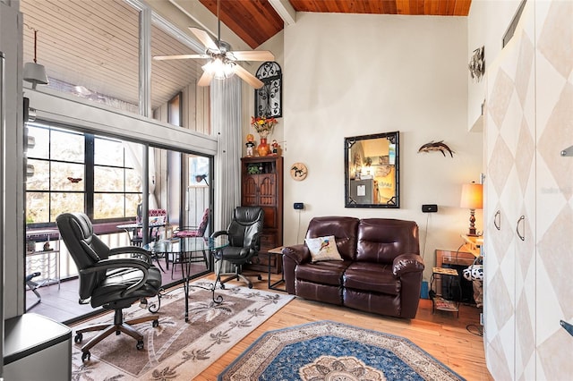 office with beam ceiling, light hardwood / wood-style flooring, high vaulted ceiling, and wood ceiling