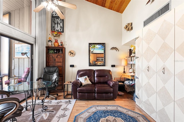 living room featuring ceiling fan, wood-type flooring, high vaulted ceiling, and wooden ceiling