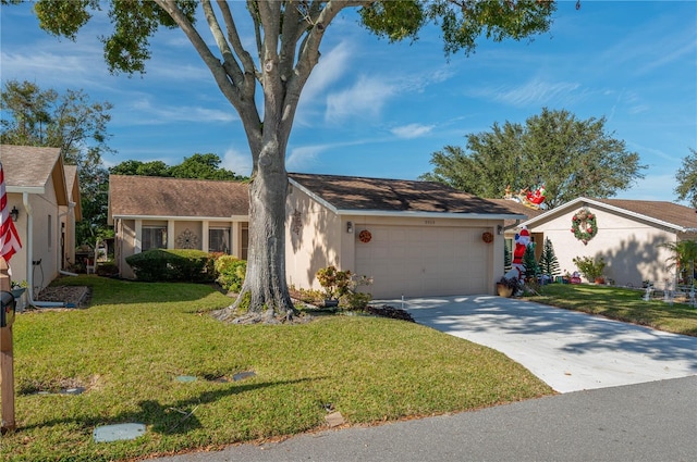 ranch-style house with a garage and a front yard