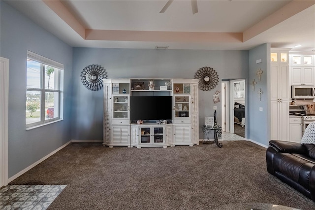 carpeted living room with a tray ceiling