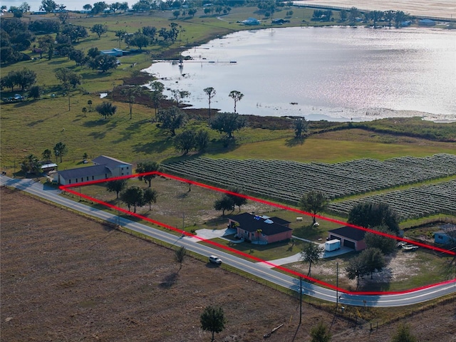 bird's eye view featuring a rural view and a water view