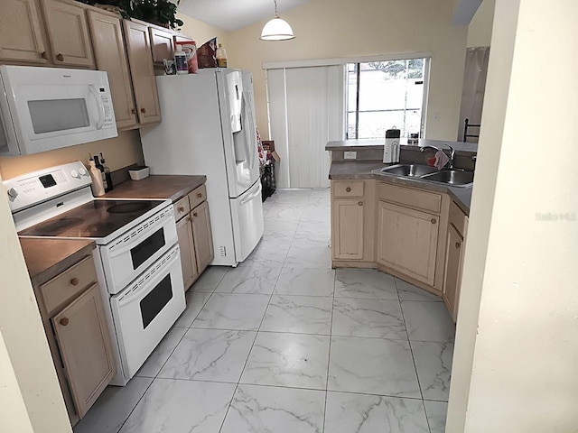 kitchen with decorative light fixtures, light brown cabinets, white appliances, and sink