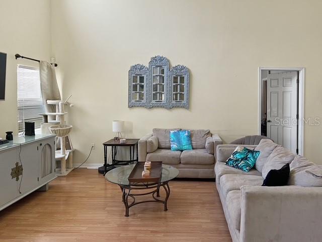 living room featuring a high ceiling and light hardwood / wood-style flooring