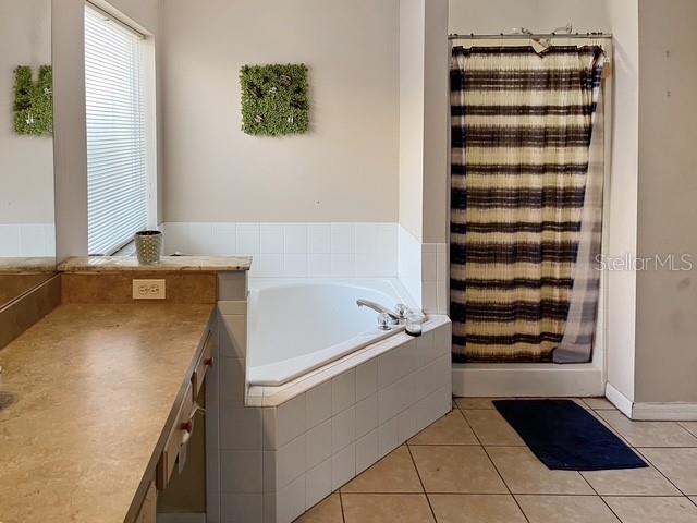 bathroom with tile patterned flooring, vanity, and independent shower and bath