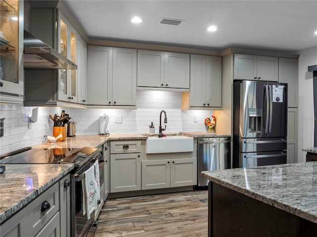 kitchen with gray cabinetry, light hardwood / wood-style floors, sink, and stainless steel appliances